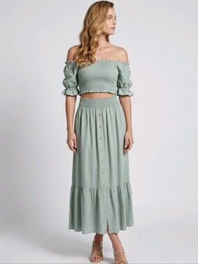 Smocked Waist Maxi Skirt in Light Sage with Button Front